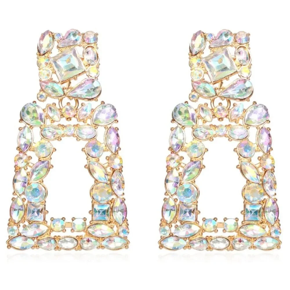 Yellow Gold with Iridescent AB Crystal Geometric Rectangle Post Back Earrings